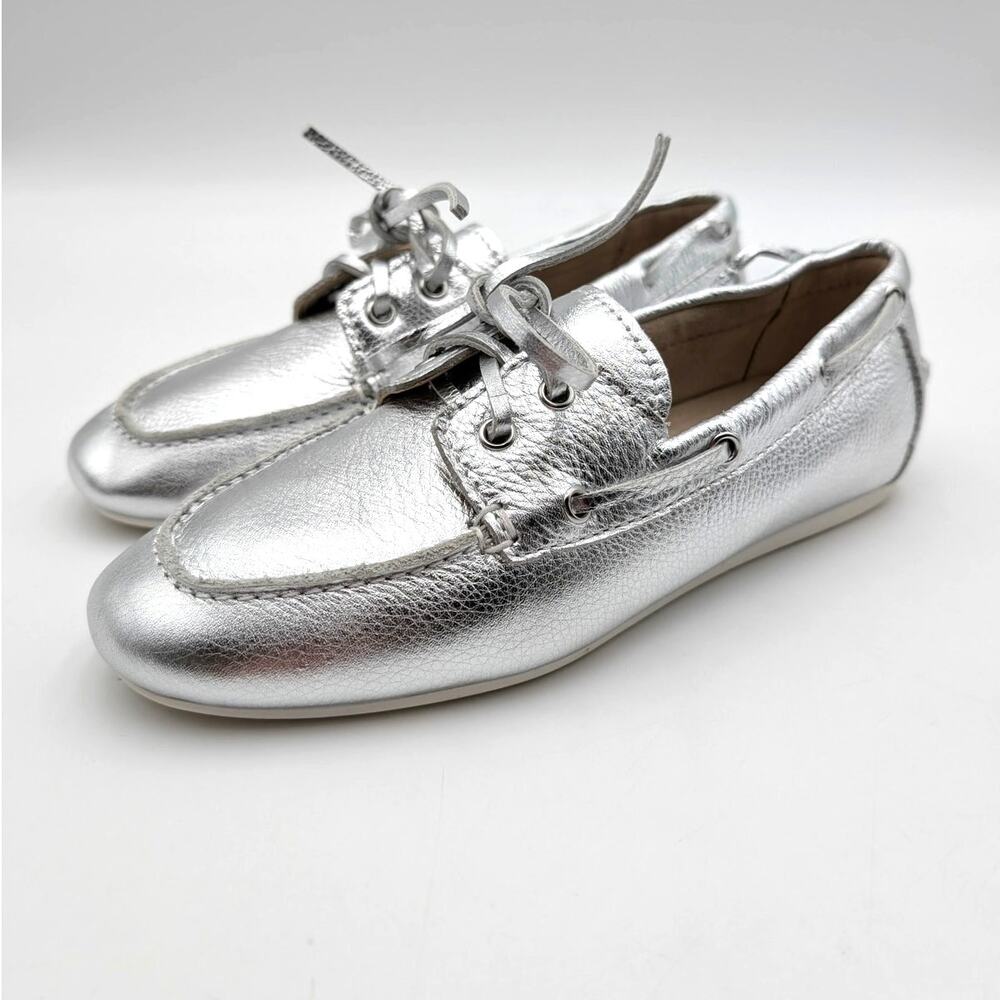 Nine West Yacht Lace-Up Boat Shoes Round Toe Women's Silver Size US7M EU37.5